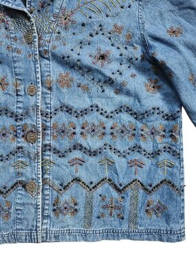 Vintage Embroidered Beaded Denim Shirt | Boho Western Festival | Large